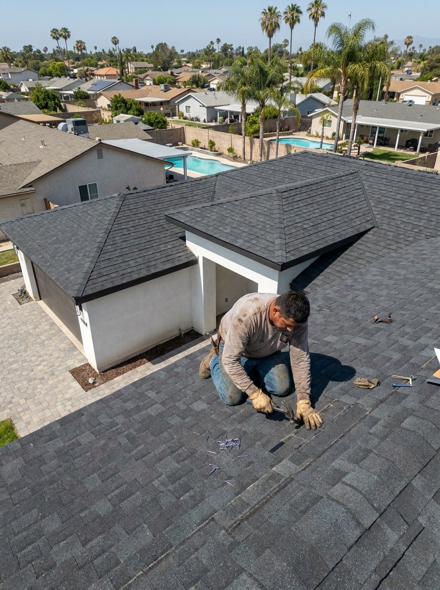 Crew replacing a damaged section of shingles
