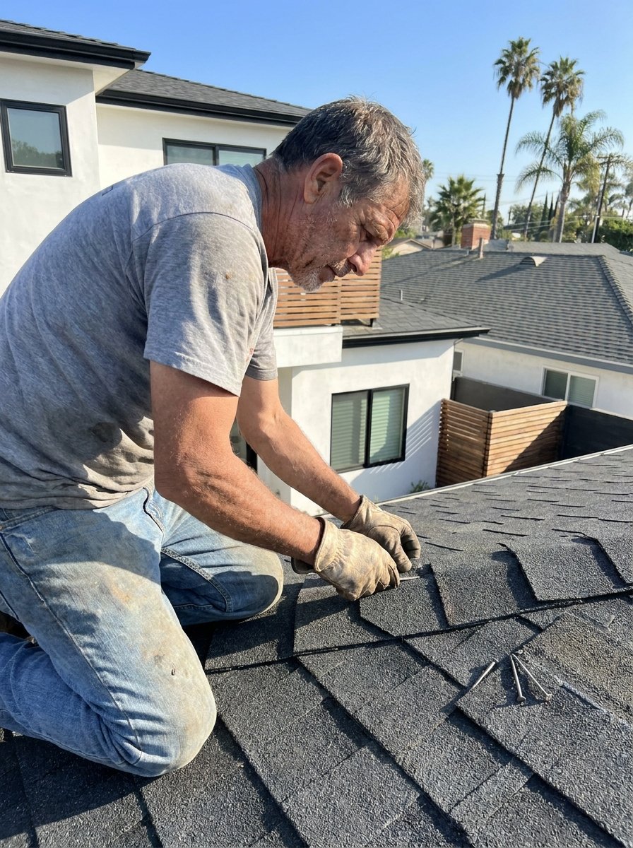Crew installing new shingles in straight courses