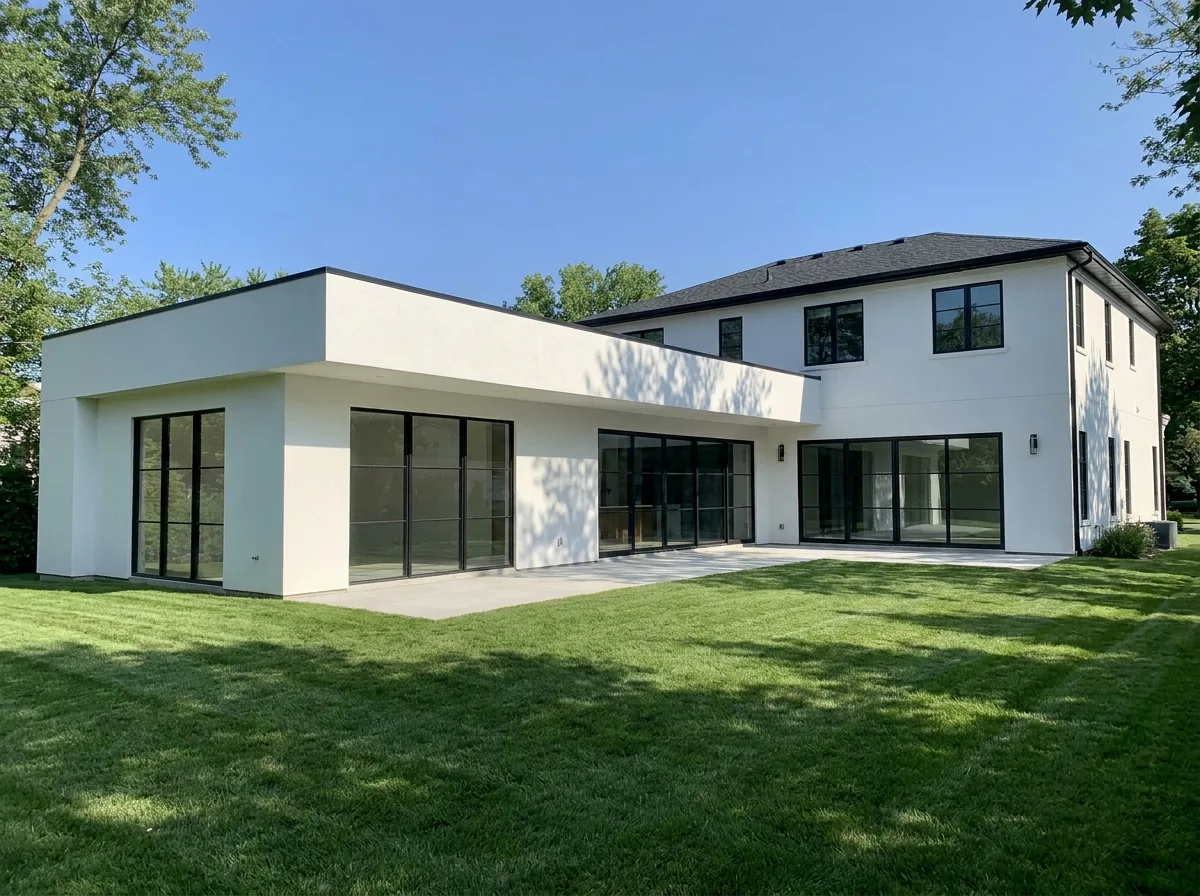 Single-story home addition with sliding glass doors opening to the backyard