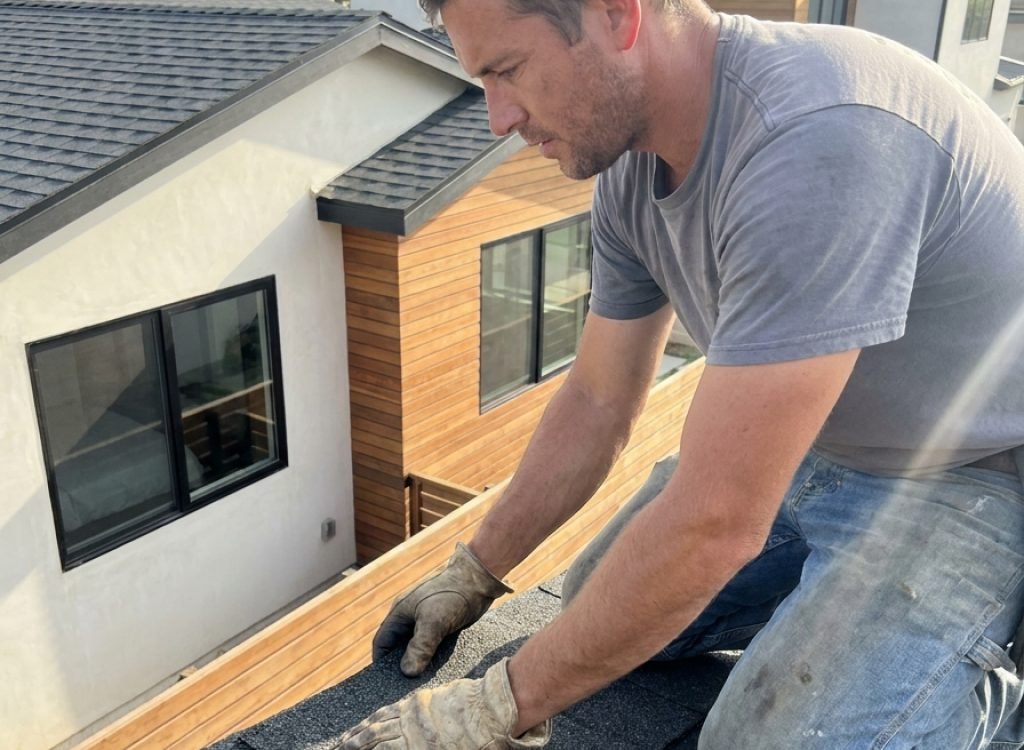 Contractor diagnosing a roof repair at the flashing