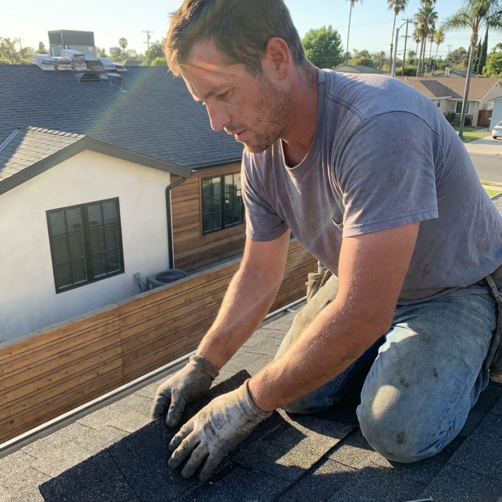 Finished shingle patch blending into surrounding shingles