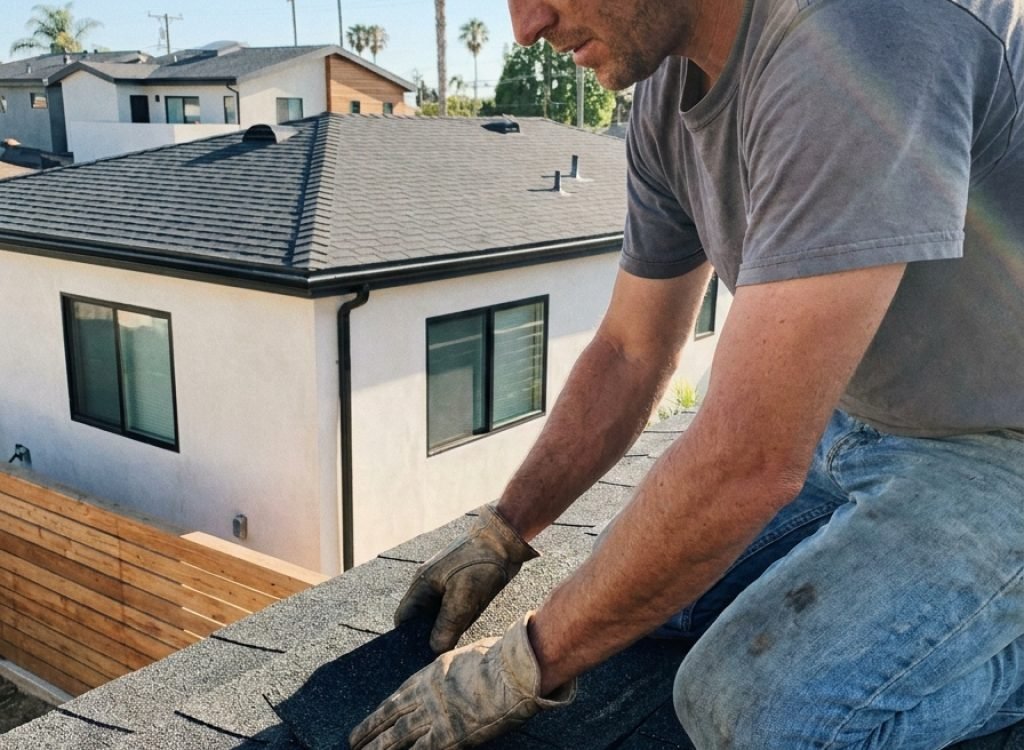 Contractor inspecting roof replacement scope before tear-off