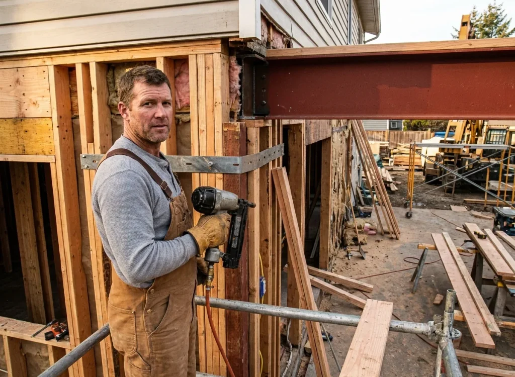 Home addition contractor with nail gun at a framed addition
