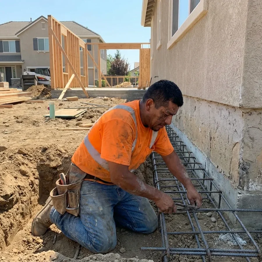 Worker tying rebar for a home addition foundation beside the existing house