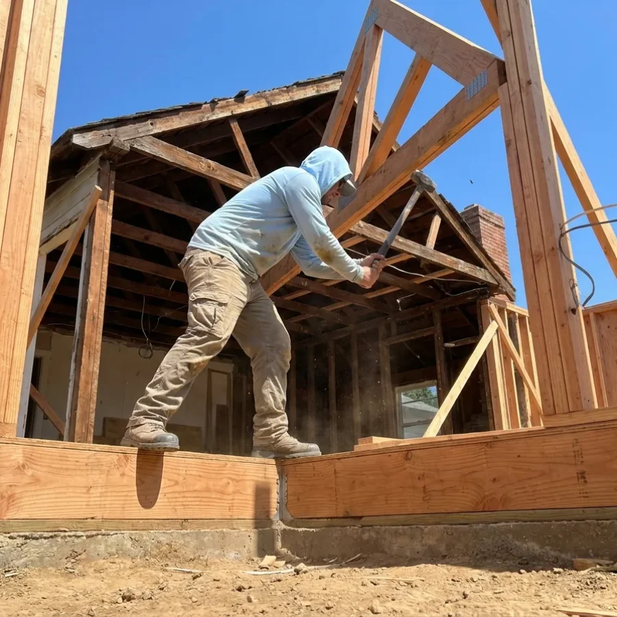 Carpenter framing the roof of a home addition